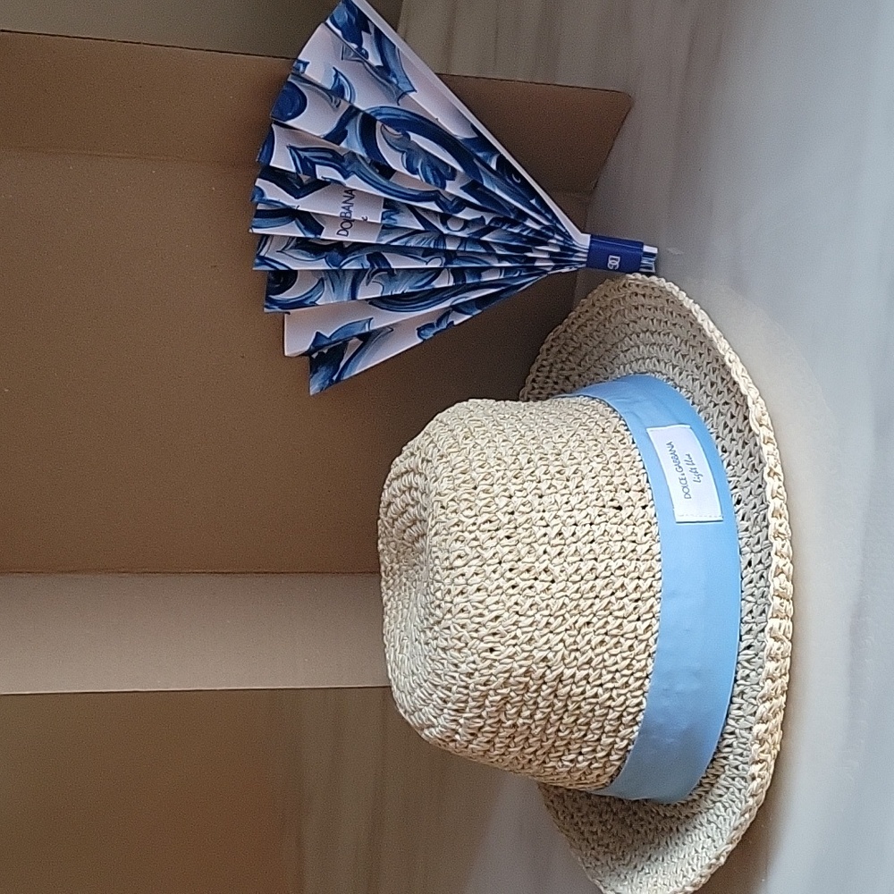 Dolce & Gabbana Light Blue Beach Hat & Patterm Paper Fan